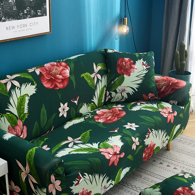 Пасторальный стиль с цветочным принтом, эластичный чехол для дивана с зелеными листьями, Одноместный/двойной/Трехместный/Четырехместный мягкий чехол