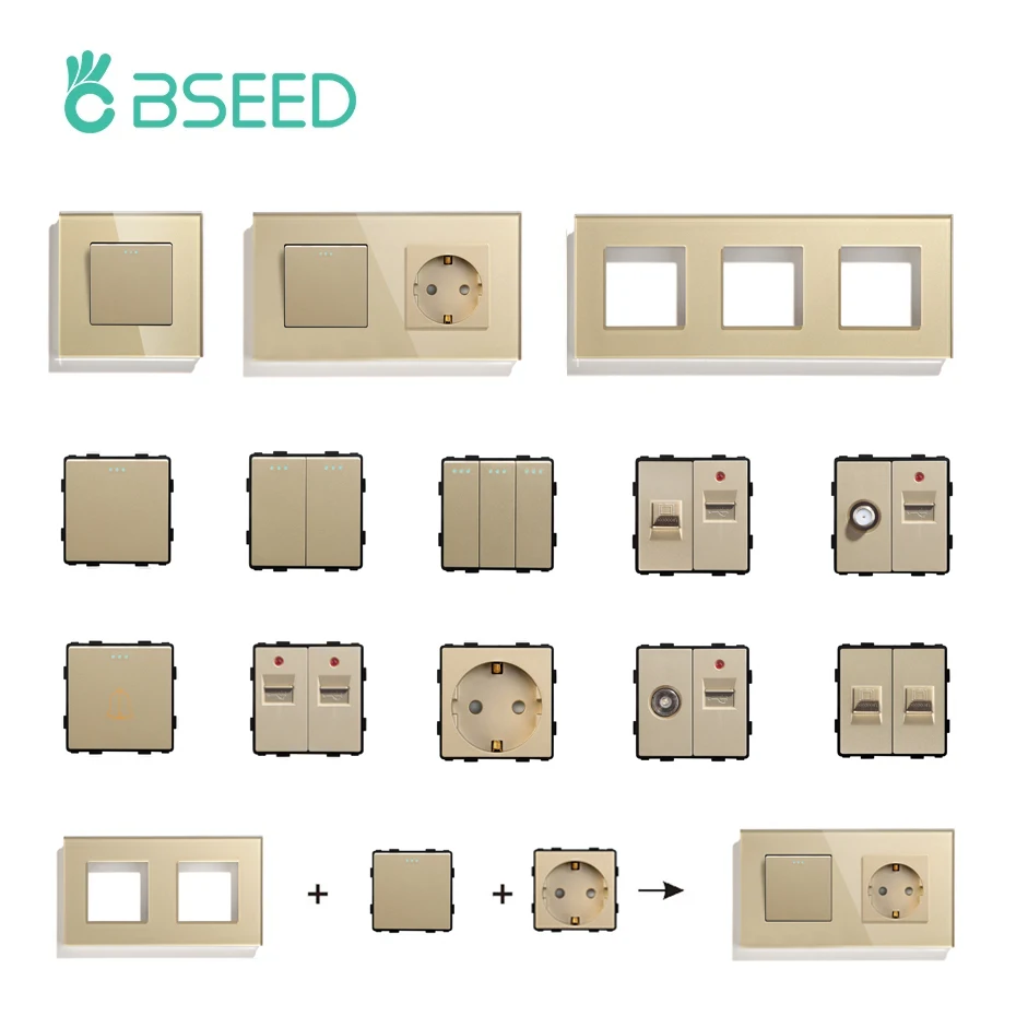 BSEED Wall Light Switches Parts Gold Glass Frames USB Sockets Fu