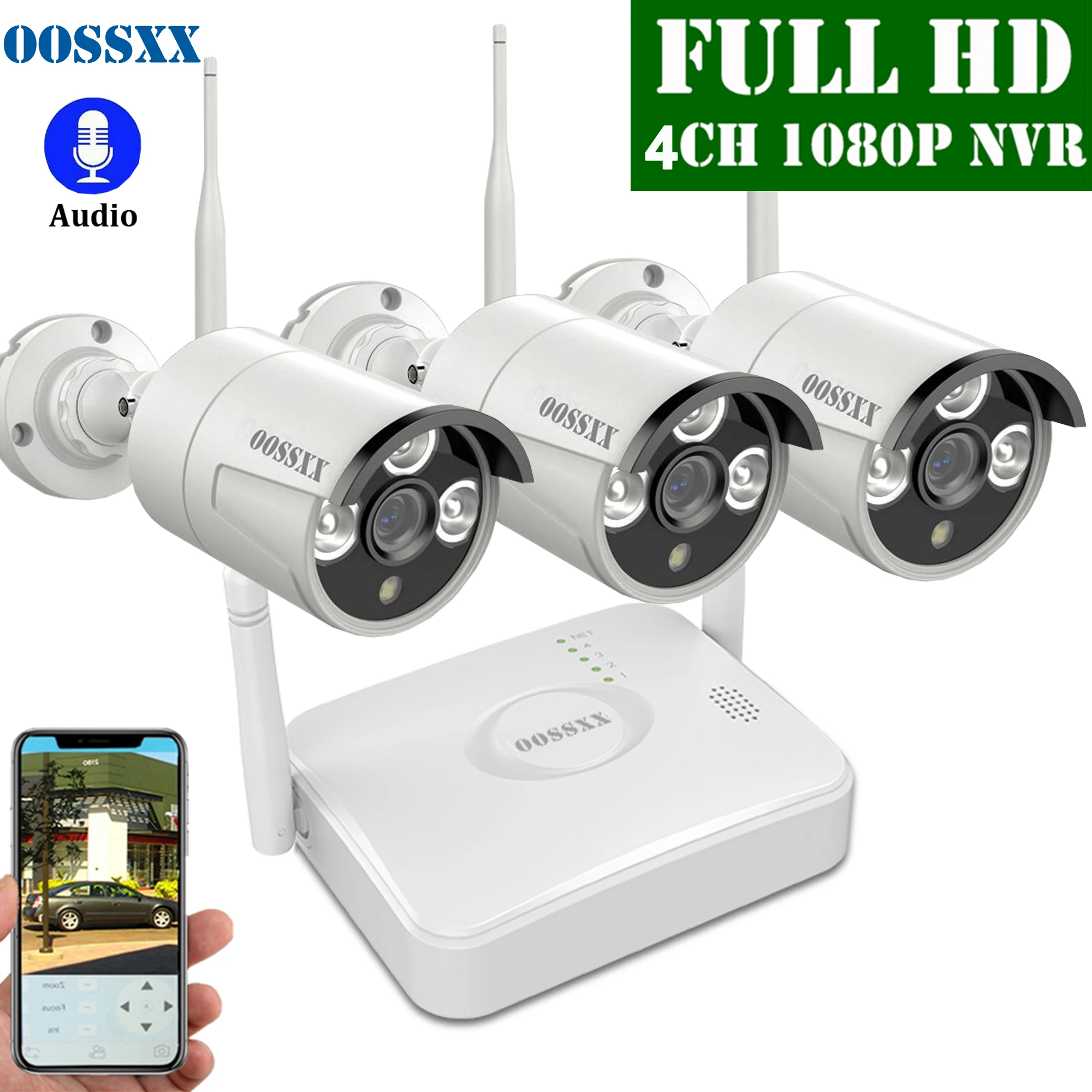 OOSSXX 4CH Беспроводной NVR комплект камер видеонаблюдения система 3 шт. 1080P 2.0MP