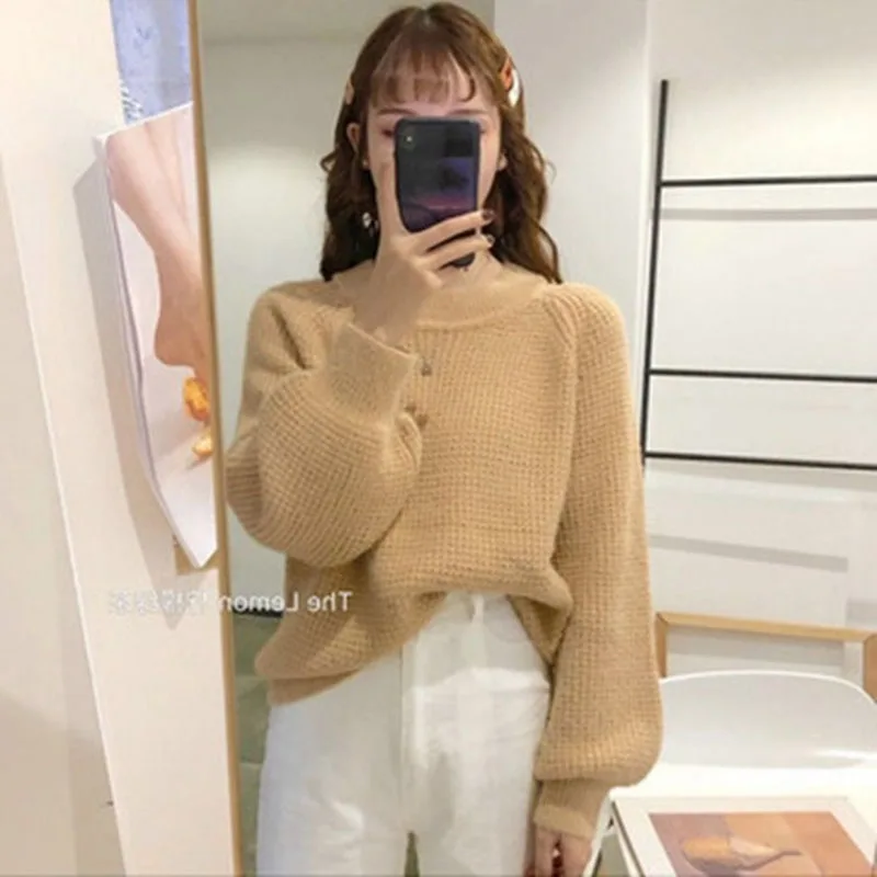 Retro French Sweater Women's Lantern Sleeve Loose Hanging Neck White Sweater Acrylic Vintage Blue Pullovers Female Tops Lady