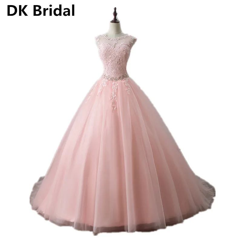 Vestidos De Novia 2019 милое розовое сексуальное открытое спина свадебные платья с круглым вырезом Кружевная аппликация Свадебное бальное платье