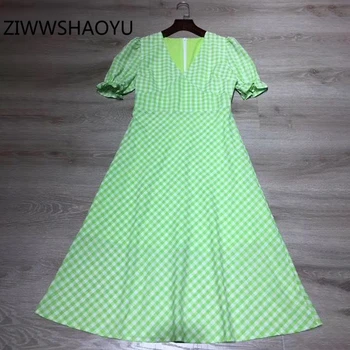

ZIWWSHAOYU Summer Female V-Neck Vintage Holiday Dress Fashion Designer Women Green Plaid Print Back Zippers Elegant Midi Dresses