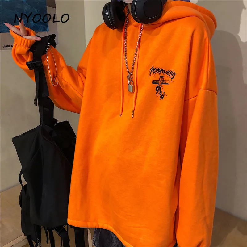 NYOOLO Harajuku street cross letters print thick warm hoodies Autumn winter long sleeve hooded pullovers Sweatshirt women men