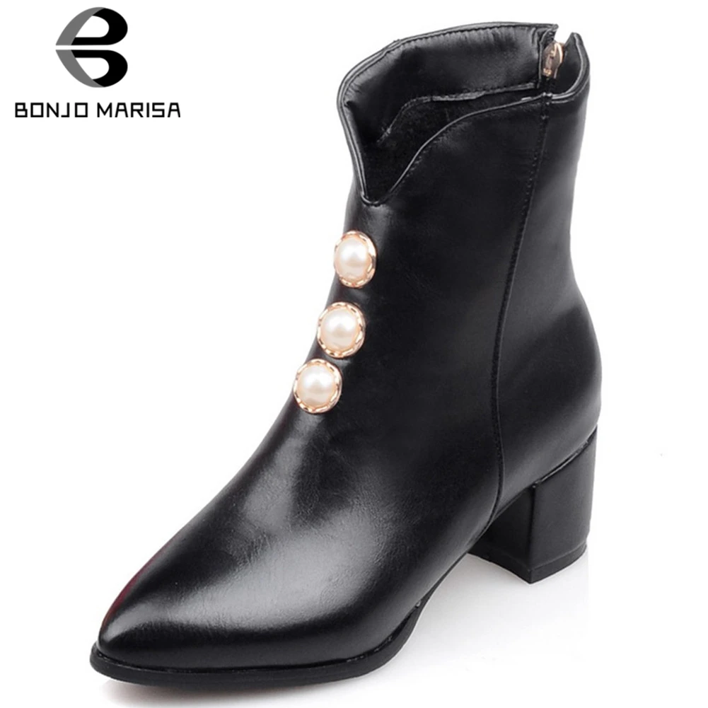 

BONJOMARISA Hot Sale 31-48 Pearl Decorating Booties Lady OL Black Pointed Toe Ankle Western Boots Women Med Heel Shoes Woman