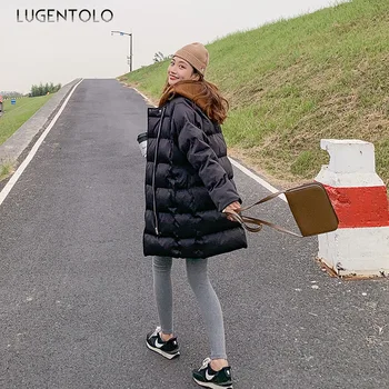 

Lugentolo Women Coat Winter Parka Korean Hooded Fake Two Pieceskeep Warm Solid Loose Casual Zipper Pocket Medium Long Parkas