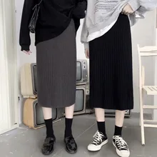Однотонная повседневная юбка средней длины, женская зимняя теплая трикотажная прямая юбка средней длины в рубчик, черная юбка средней длины