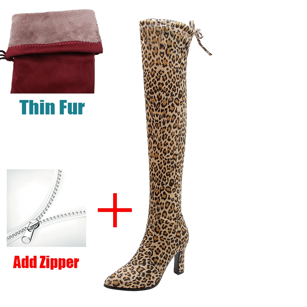 BONJOMARISA/Новинка 32-43, пикантные эластичные сапоги выше колена женские вечерние сапоги до бедра для свадьбы и свидания г. Женская обувь на высоком каблуке - Цвет: leopard 2 thin fur