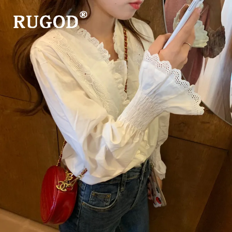 RUGOD Весенняя кружевная блузка, женские блузки с длинным рукавом, элегантный топ, корейская модная одежда, женские рубашки, Повседневная белая рубашка