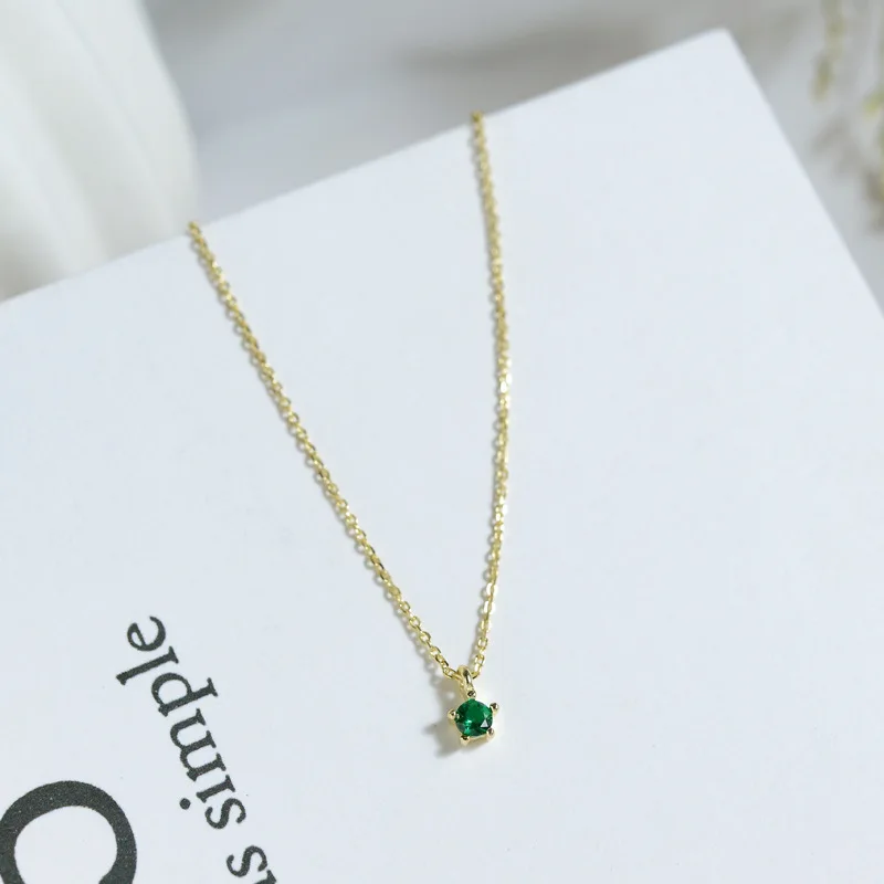 

S925 Fine Silver Electroplated Gold Color Green Zircon Necklace Ultra-Fine-Choker Delicacy Elegant Women's 7377