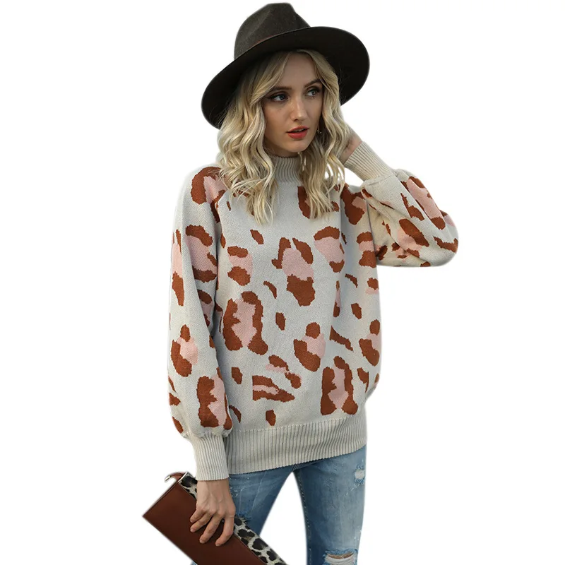 

2020 Autumn and Winter Women's European and American Knit Sweater High Neck Lantern Sleeve Leopard Sweater Women Winter Clothes