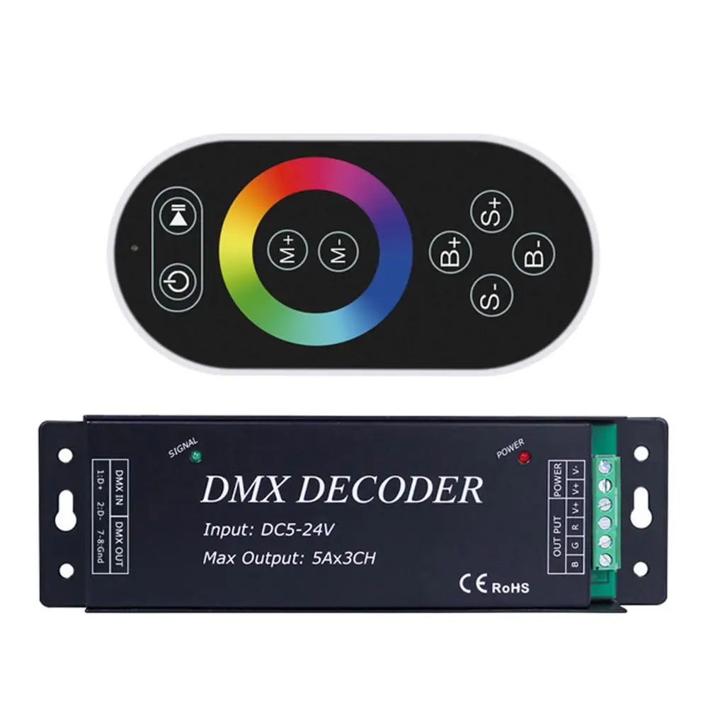

Led DMX Decoder Controller, RGB RF Touch Remote DMX512 Controller for Led Light Strip, DC 5V 12V-24V 3 Channel