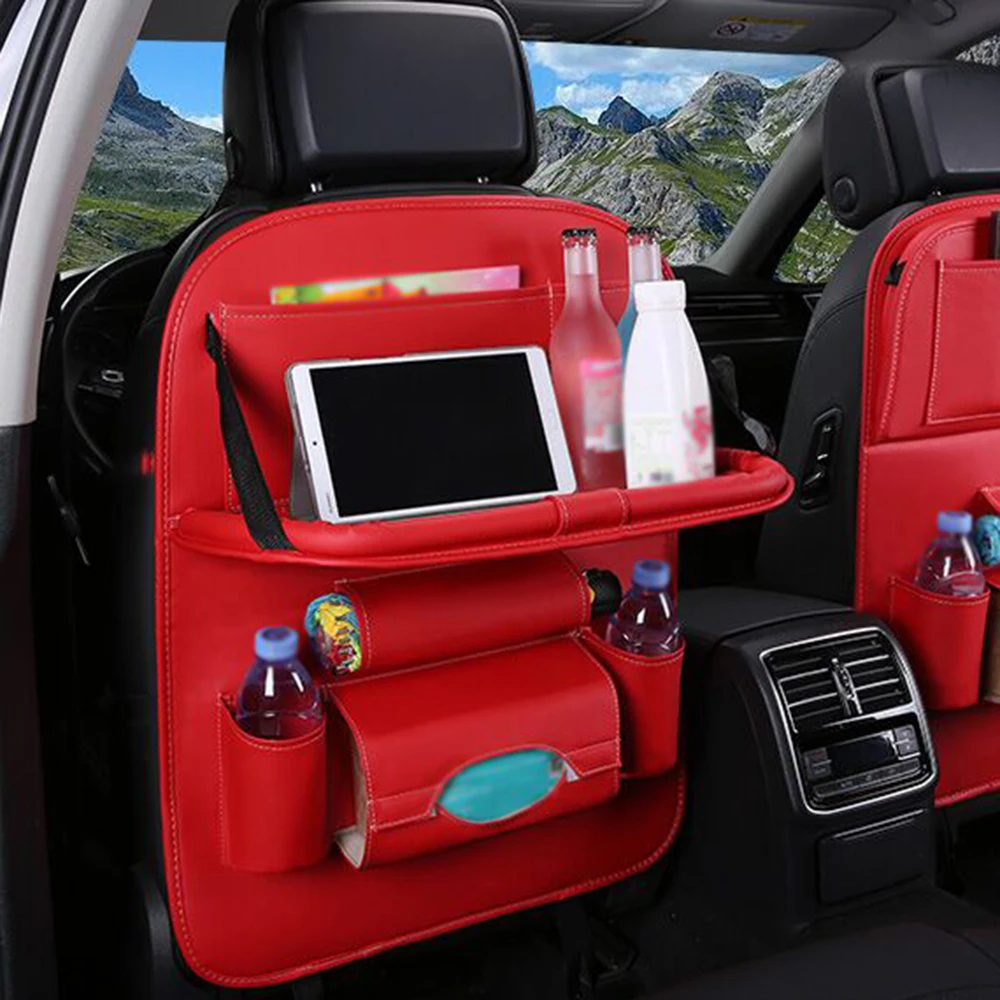 Car Accessories Universal Car Seat Back Organizer Leather Holder Car Trunk Bag Folding Table Pad Chair Auto Storage Pocket Box