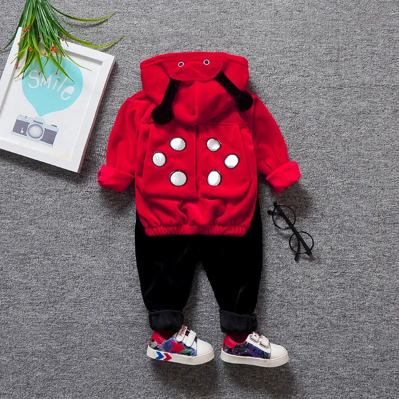 

Spring And Autumn Leisure Suit Men And Women Baby Beetle Printed Double-sided Plush Hoodie Two-Piece Set