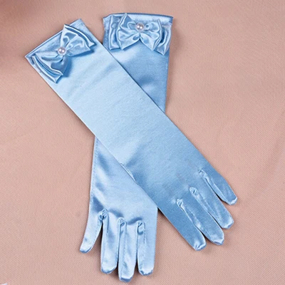 Перчатки для девочек; длинные перчатки принцессы; свадебное платье для девочек; перчатки с бантом; аксессуары к костюму; атласные перчатки; подарок на день рождения; Цвет Синий - Цвет: Небесно-голубой