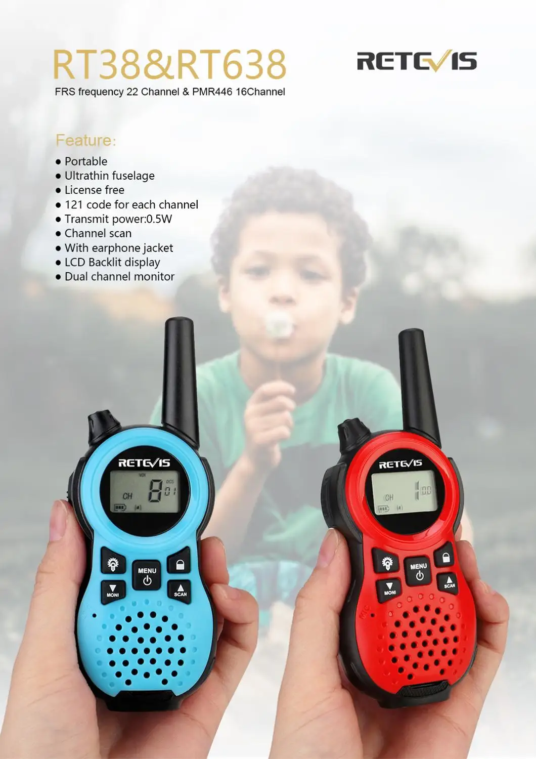 Retevis RT638/RT38 PMR 446 Two Way Radio 2pcs PMR VOX Flashlight USB Charging Walkie Talkie Christmas Present Mini Walkie