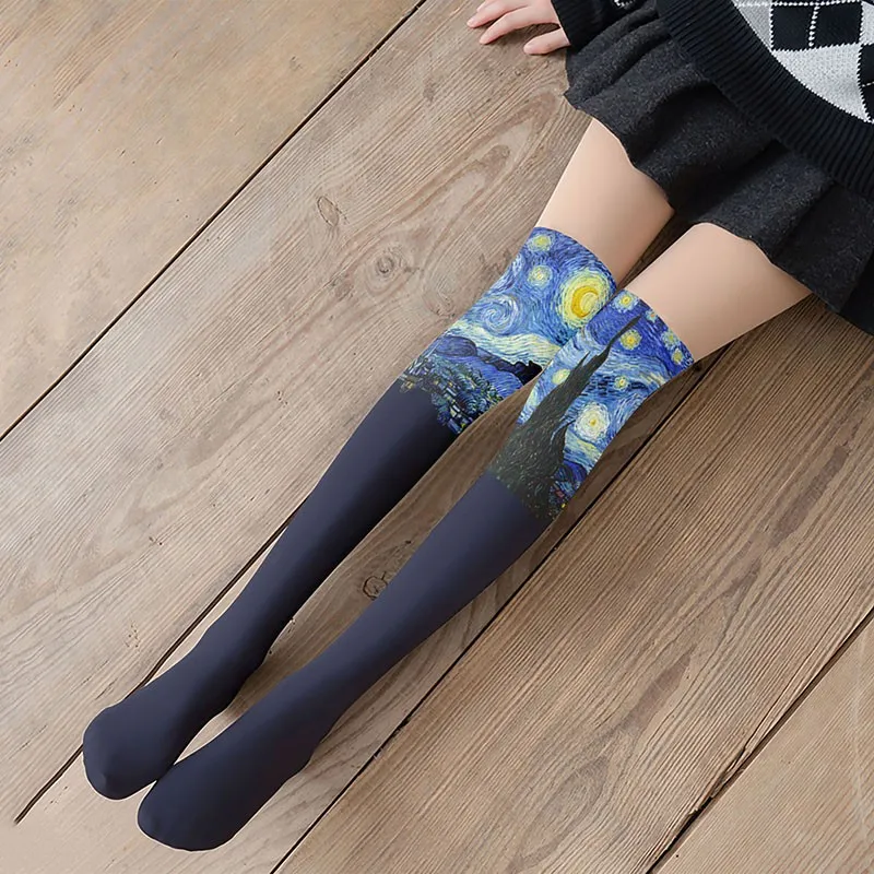 

Starry Night Printed Art Thigh High Socks For Female Van Gogh Retro Over The Knee Long Socks Fashion Women Sexy Nylon Stockings