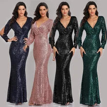 Skyyue, вечерние платья, длинное, расшитое блестками, элегантное, Robe De Soiree,, глубокий v-образный вырез, разрез, официальное платье, полный рукав, вечернее платье LT008