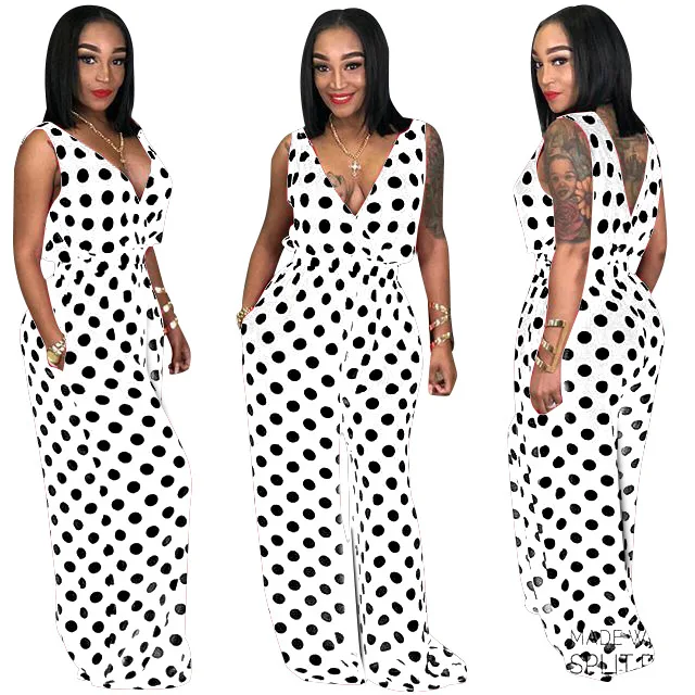 

Black White Polka Dot Sexy Party Jumpsuit Women Deep V Neck Sleeveless Wide Leg Romper Eelgant Backless One Piece Overall