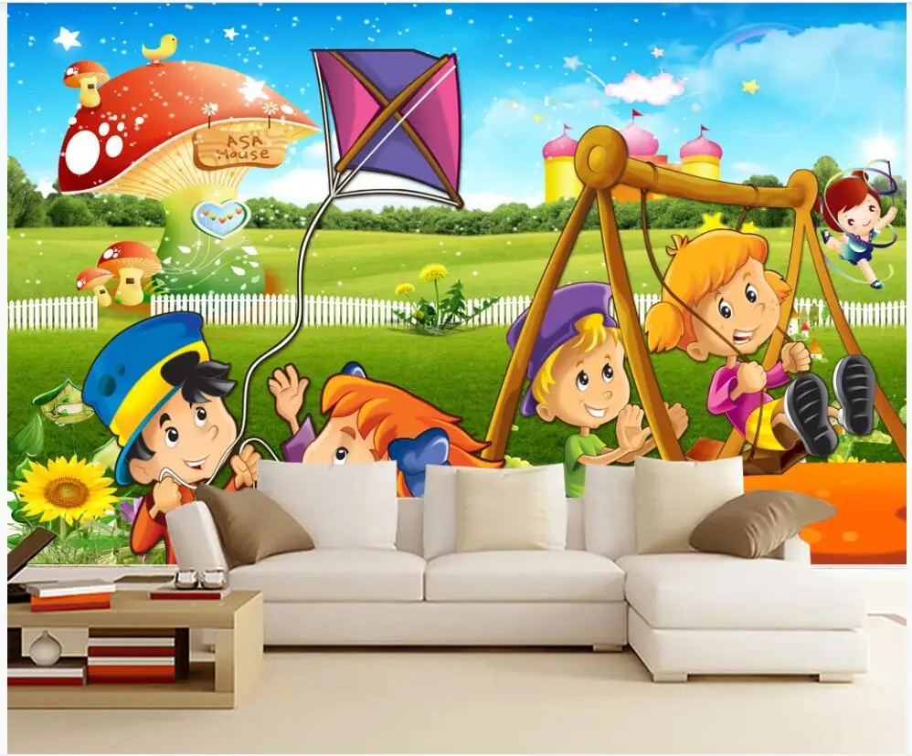Kertas Dinding 3 D Custom Mural Di Dinding Taman Bermain Anak Rumput