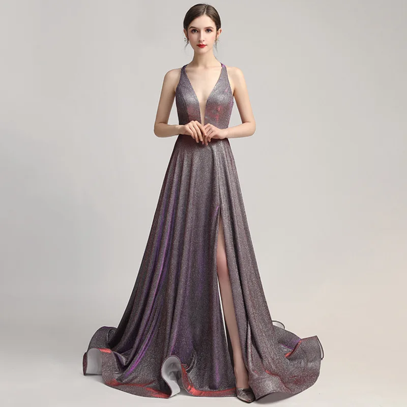 

Evening Dress Sexy V-neck Backless Court Train Robe De Soiree Luxury Sequin Side Split Party Prom Formal Evening Dress Plus Size