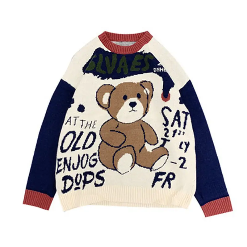 

Japanese original night style couple sweater men's fashion retro cartoon funny loose and lazy style Pullover thick knitted coat