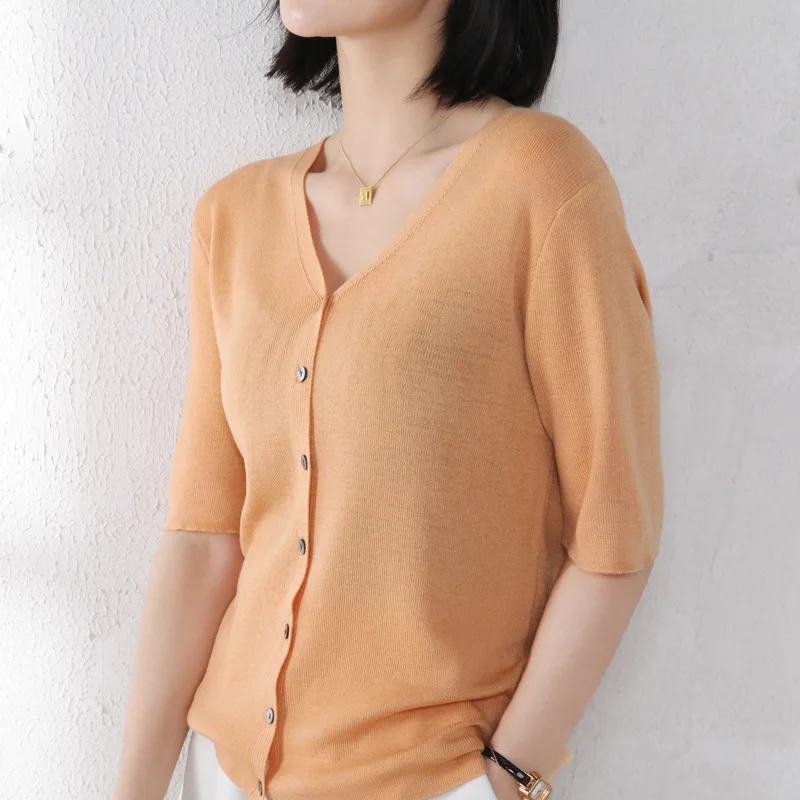 

New Female Cardigan Coat Women Knitted Button Cardigans Crop Tops Fashion Summer Short Sleeve Casual Basic Women Jumper Clothing