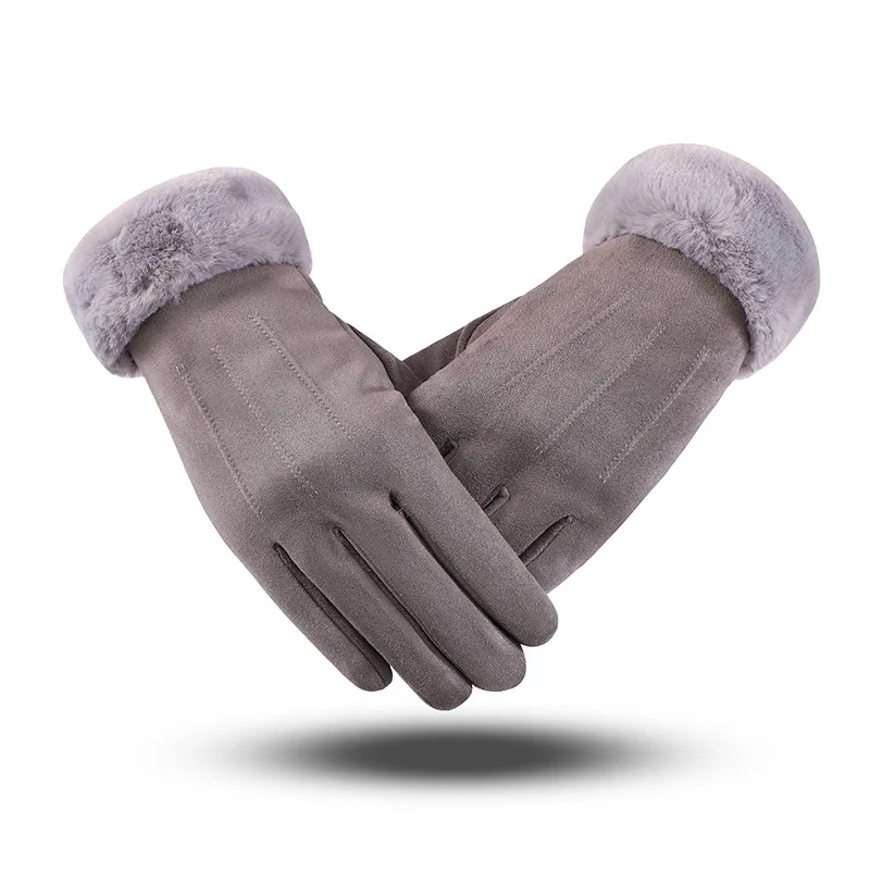 Серый Winter new brand designer striped gloves women suede touch screen warm gloves girl plus velvet outdoor riding five-finger gloves - Цвет: Серый