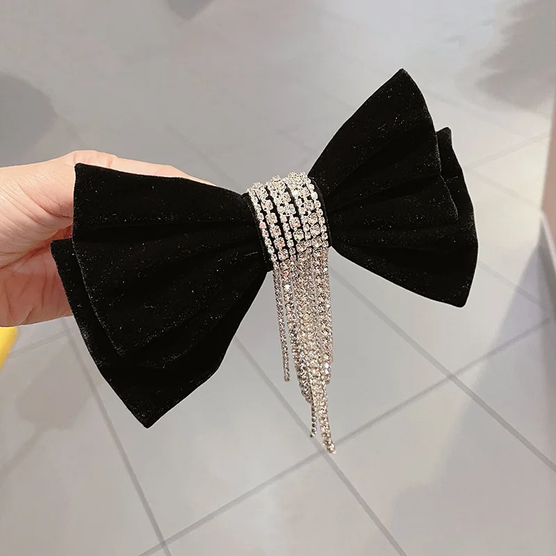 Retro Fabric Velvet Bow Hairpin for Women Girls Crystal Rhinestone Chain Tassel Hair Bows Clip Hairgrip Jewelry Hair Accessories