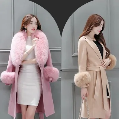 여성용 모직 코트, 겨울 코트, 한국 버전, 대형 모피 칼라 재킷, 자체 재배 파카