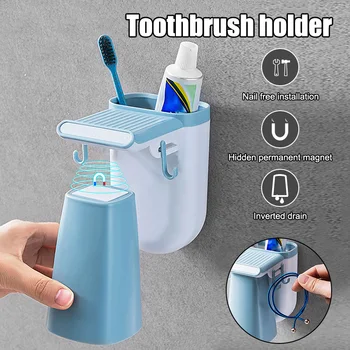 

Punch Free Toothbrush Toothpaste Holder Mouthwash Cup Kit Wall Mounted Magnetic Absorption Cup Bathroom Storage Set PR S