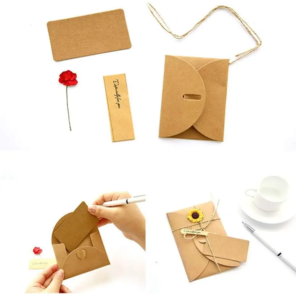  Kraft Paper Handmade Greeting Cards DIY Invitation Envelopes Thank You Flower Postcard Envelope Chr - 4000380921552