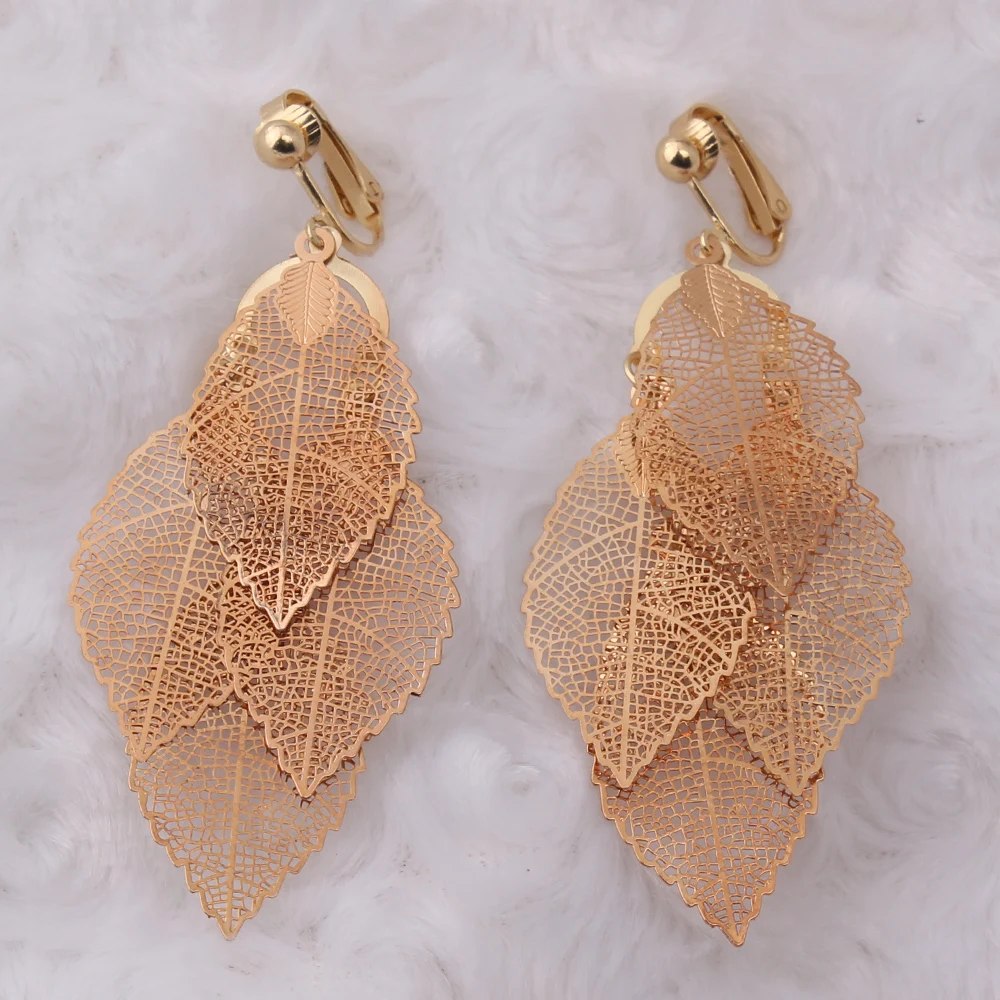 GRACE JUN Korea Style Gold Color  Copper Material Leaf Shape Clip on Earrings Without Pierced Elegant Cuff Ear Clip Anti-allergy 