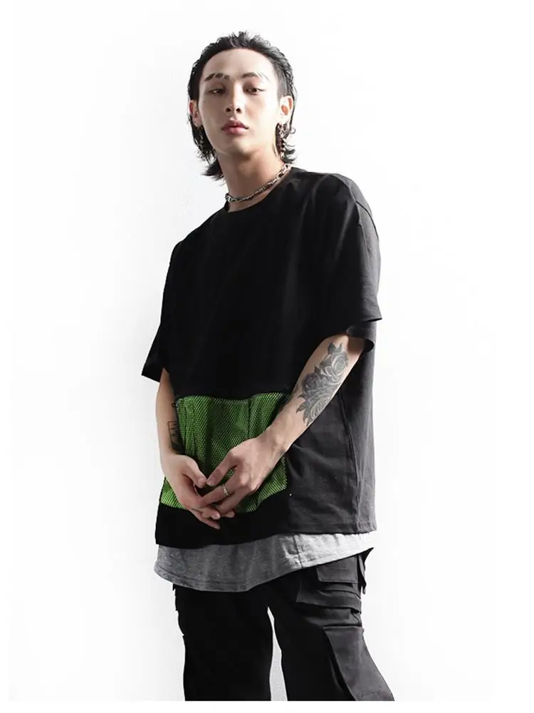 

Men's Short Sleeve T-Shirt Summer New Personality Mesh Bag Stitching Round Collar Fashion Youth Leisure Large Size Half Sleeve