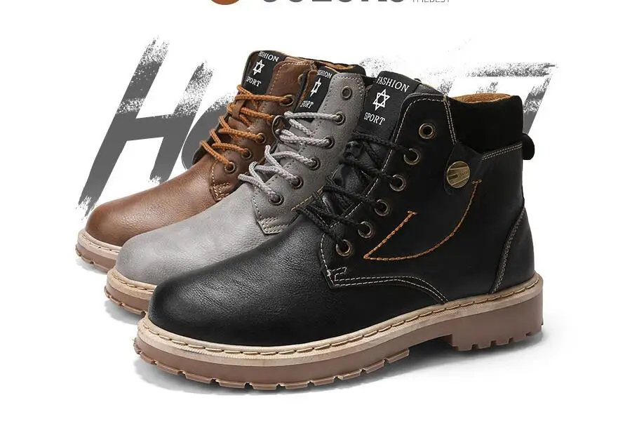 Boots Men Autumn High Quality Causal Motorcycle Ankle Boots Winter Leather Lace up Round Top Fashion Work Shoes Botas de hombre
