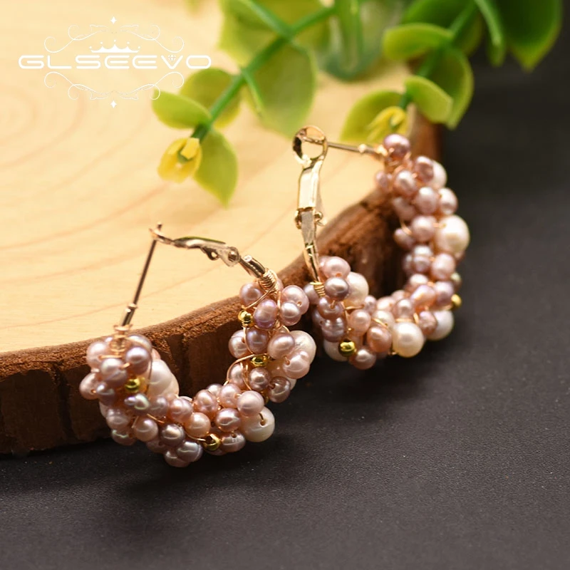 

GLSEEVO Natural Fresh Water Pink Pearl Big Hoop Earrings For Women Girl Wedding Engagement Luxury Gift Kolczyki Damskie GE0853