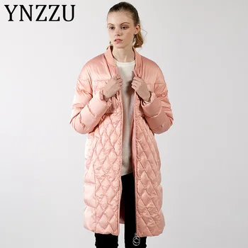 

YNZZU 2019 Fashion Pink Black Long Bomber Jacket Women Casual Autumn Zipper 90% White Goose Down Coat Winter Warm Outwears A1092