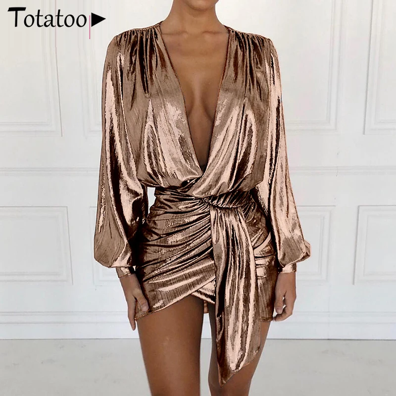 Novgirl Oversize XS-2XL Night Club Metalic Plunge Party Gold Dress Sashes Ruched Bodycon Deep V Neck Sexy Dresses | Женская одежда