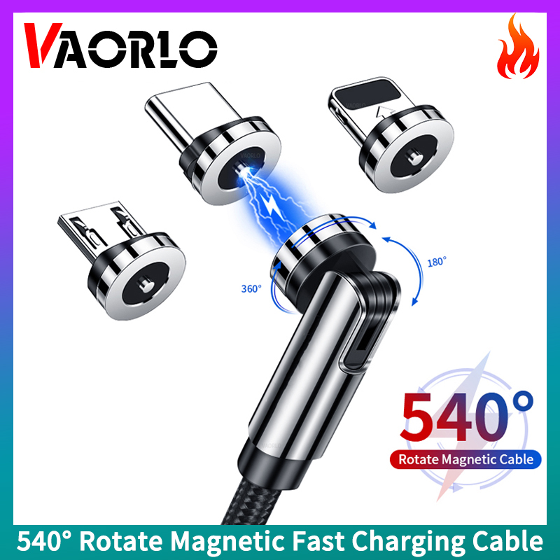 VAORLO 540°Degrees Rotation Magnetic Charging Cable Fast Charger Micro USB Type-C Nylon Braided Charging Cable For iPhone Xiaomi