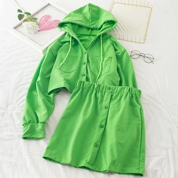 

Korean New Fashion Two Piece Set Casual Single-breasted Hooded Sweatshirt And Mini Skirt Elegant Gray/Green 2pcs Set New 2020