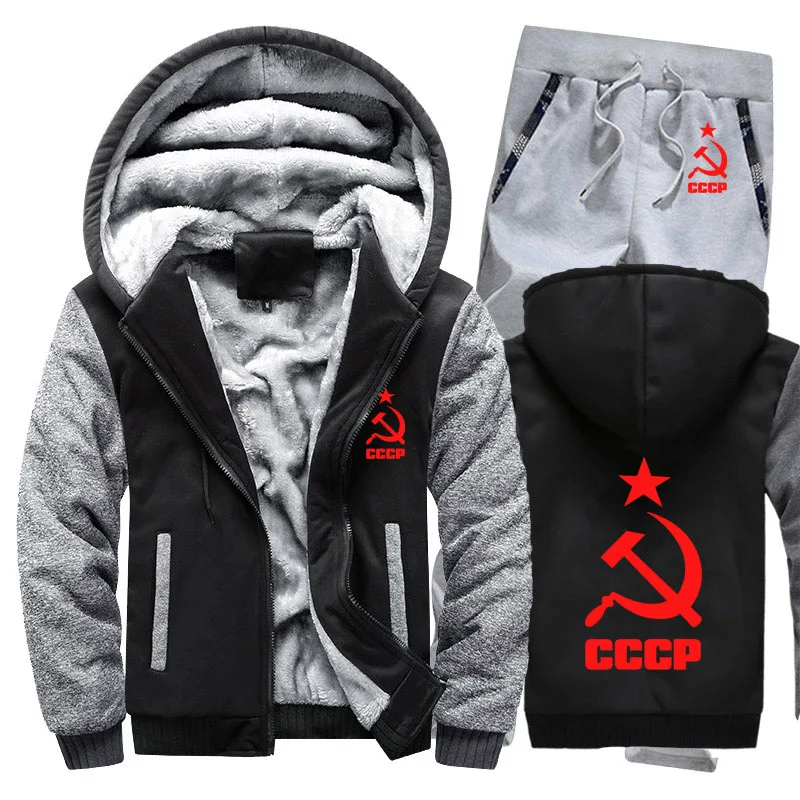 Зимний флисовый утолщенный спортивный костюм CCCP, русские толстовки с капюшоном, мужской комплект, повседневный теплый комплект из 2