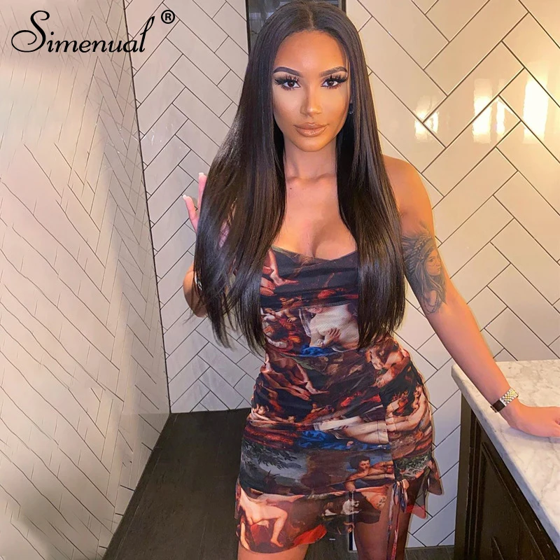 

Simenual Aesthetic Print Sexy Women Party Dresses Fashion Sleeveless Strap Drawstring Ruched Clubwear Mini Dress Bodycon Summer