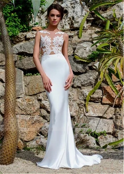 

Scoop Sheer Lace Mermaid Satin Wedding Dress Fishtail Petite Bridal Gowns 2020 Sexy Long Simple Wedding Gown For Bride