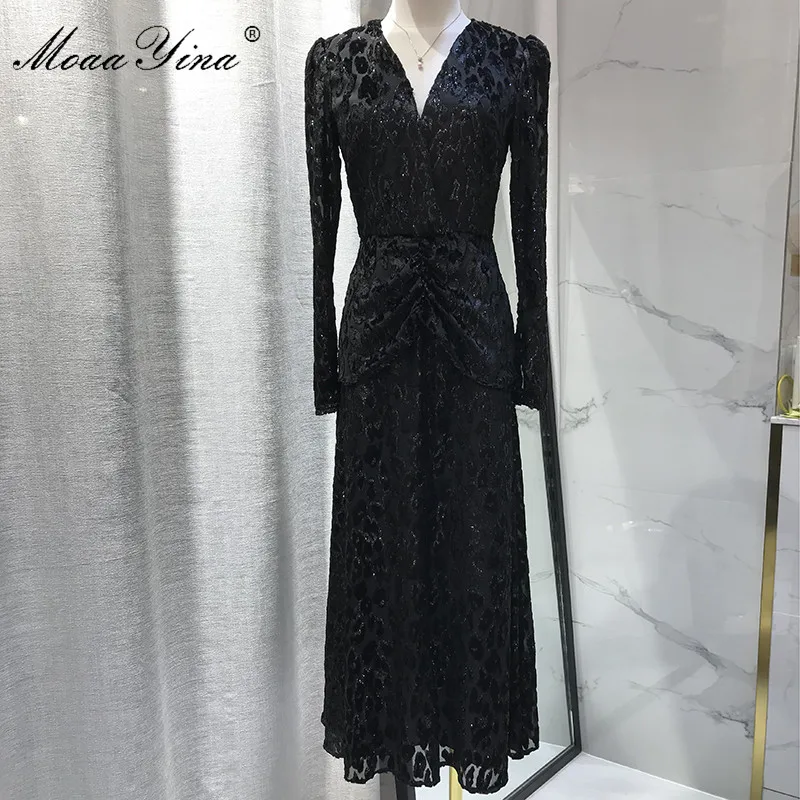 MoaaYina v-образным вырезом с длинным рукавом металлик черный леопард миди платье