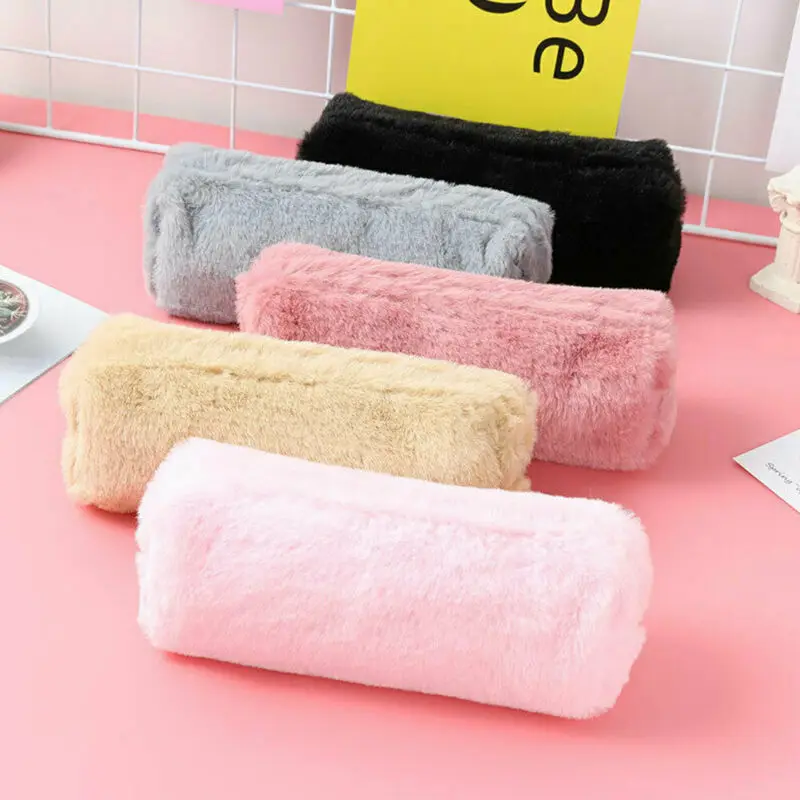 Girl Cute Plush Fuzzy Fluffy Pencil Case Makeup Pouch Coin Purse Storage Bag School Office Storage Solid Cab Plush Pencil Case