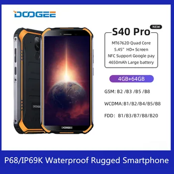 Перейти на Алиэкспресс и купить DOOGEE S40 Pro смартфон 4 Гб + 64 Гб MT6762D Octa Core 13MP IP68/IP69K Водонепроницаемый 4G мобильный телефон 5,45 ''Android 10 4650 мАч NFC