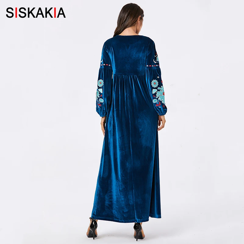 Siskakia мусульманское Женское зимнее платье шикарная Цветочная вышивка элегантные имперские качели модные платья в арабском стиле Арни зеленый/серый