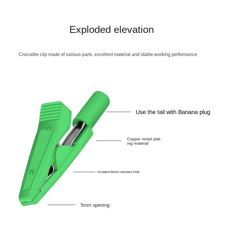 5mm Open Hole Insulation Weldable Crocodile Clip with 2mm Jack Straight In Probe / Banana Head Test Plug Yellow Red Green alligator clips,test clip,test hooks clips