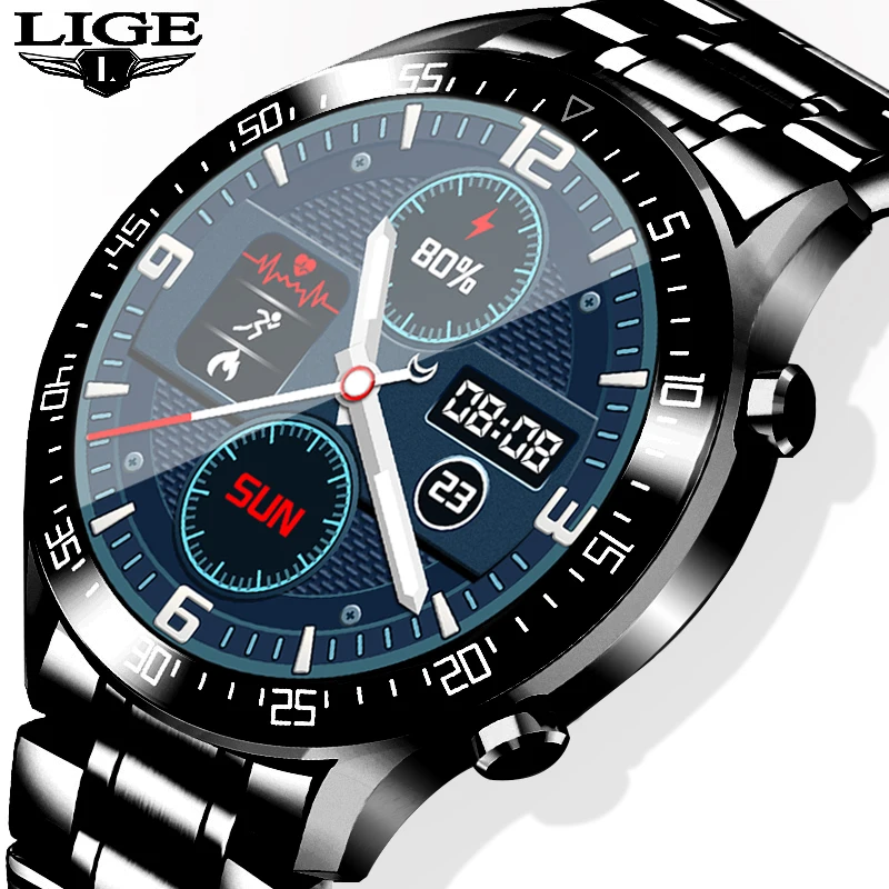 US $36.99 LIGE 2020 New Steel Band Smart Watch Men Heart Rate Blood Pressure Sports MultiFunction Full Touch Screen Waterproof Smartwatch