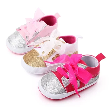 

Baby Girls Sneakers Casual Breathable Anti-Slip Sequins Ribbon Heart Printed Comfortable Soft Soled Sneakers First Walkers