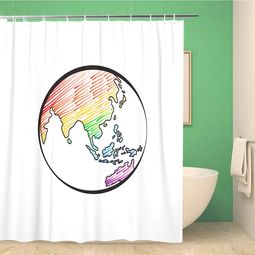 

Bathroom Shower Curtain Earth in Rainbow Color on World Map Doodles Globe Polyester Fabric 60x72 inches Waterproof Bath Curtain